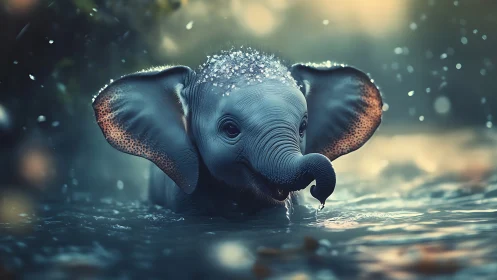 Playful baby elephant in glowing bokeh forest water scene.