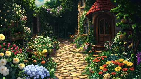 Sunlit cottage path framed by lush floral garden borders.