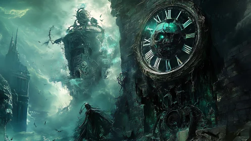 Haunting skyward clocktower glowing in a crumbling dreamscape.