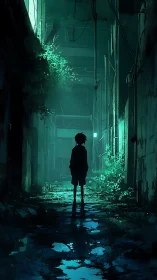 Silhouetted youth in bioluminescent teal urban alleyway