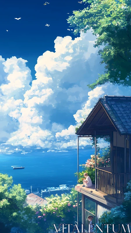 Seaside wooden house with figures under expansive cloud sky.