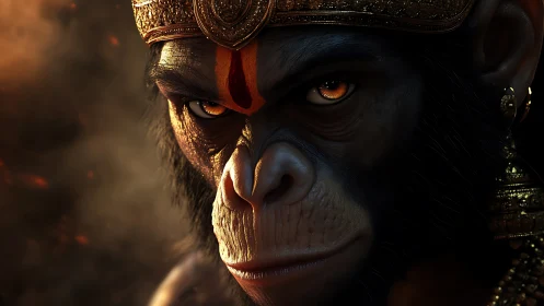 Divine monkey warrior stares through glowing embers with power.
