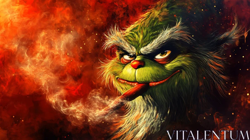 Mischievous green creature portrait in fiery digital smoke.