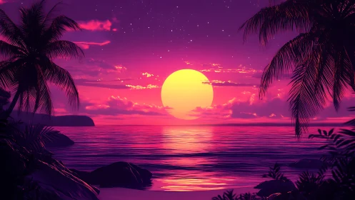 Neon tropical sunset over calm ocean with palm silhouettes.