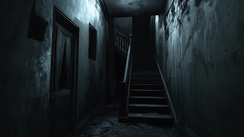 Abandoned staircase corridor rendered with cinematic photorealism