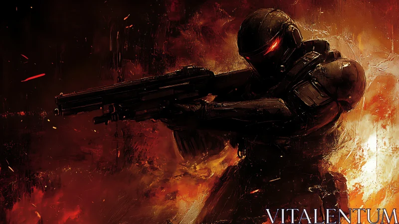 Armored exosoldier advancing through incendiary battlefield.