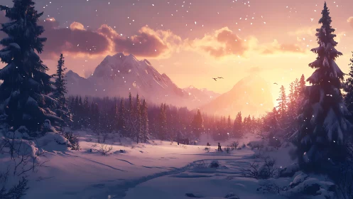 Snowy mountain valley glows under a tranquil sunset sky.