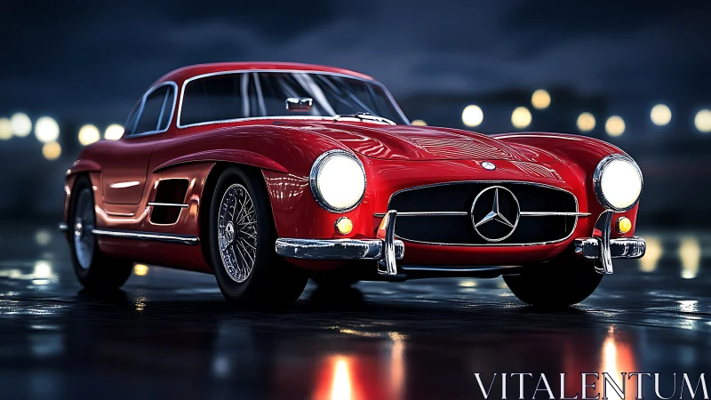Night-lit red classic coupe rendered in glossy detail.