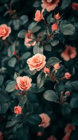 Coral roses exhibiting volumetric depth with selective focus layering through tonal atmosphere
