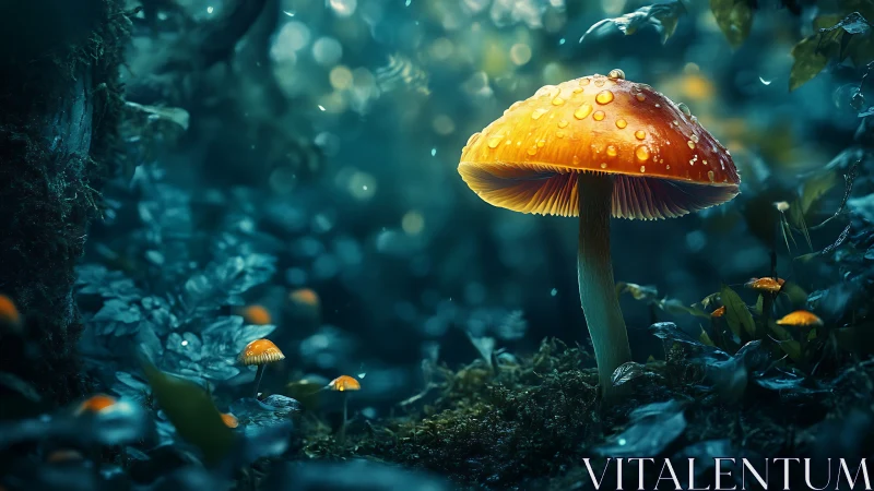 Large orange mushroom stands in moist, softly lit forest