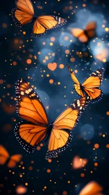 Glowing orange butterflies drift through a dreamy bokeh night