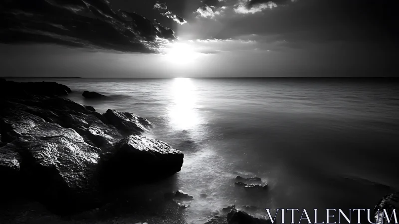 Monochrome seascape sunset over rocky shoreline horizon.