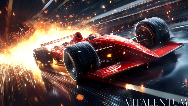 Blazing red race car slicing through a night of sparks.