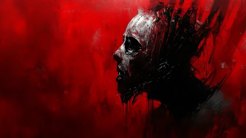 Tormented profile in crimson void, abstract horror study.