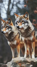 Wild wolf pair stand alert on rugged forest outcrop.