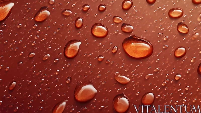 Close-up view of water droplets on smooth reddish surface.
