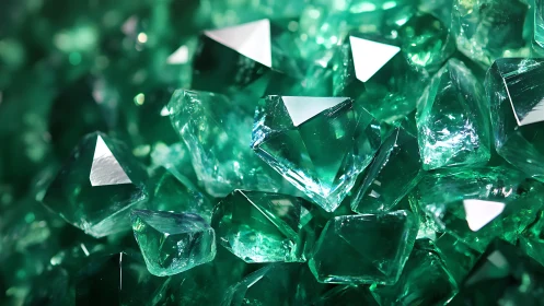 Macro cluster of faceted emerald-green crystals in hard light
