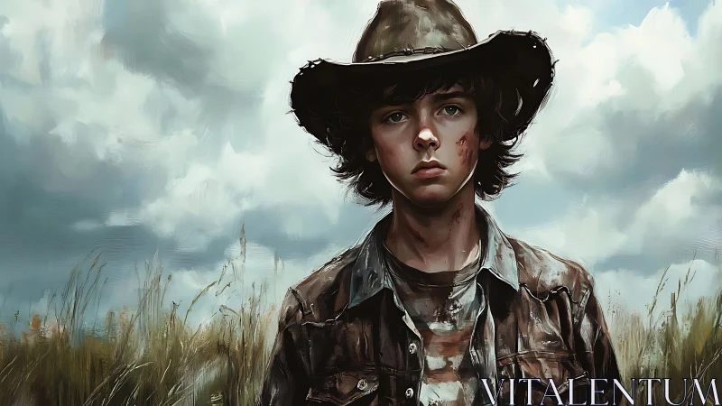 Young survivor stands solemn under brooding prairie sky