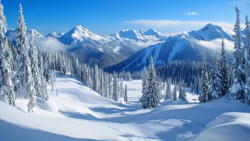 Snow covered conifer forest in alpine mountain basin.