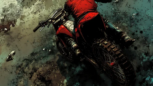 Red dirt bike powersliding through gritty mud field.