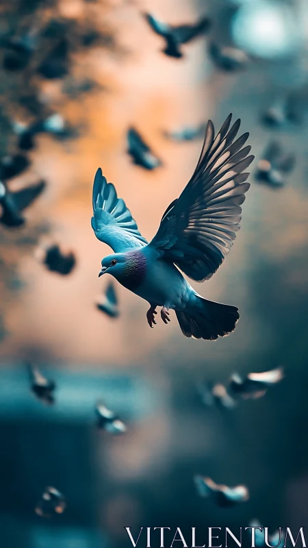 Graceful city pigeon gliding through soft evening light.