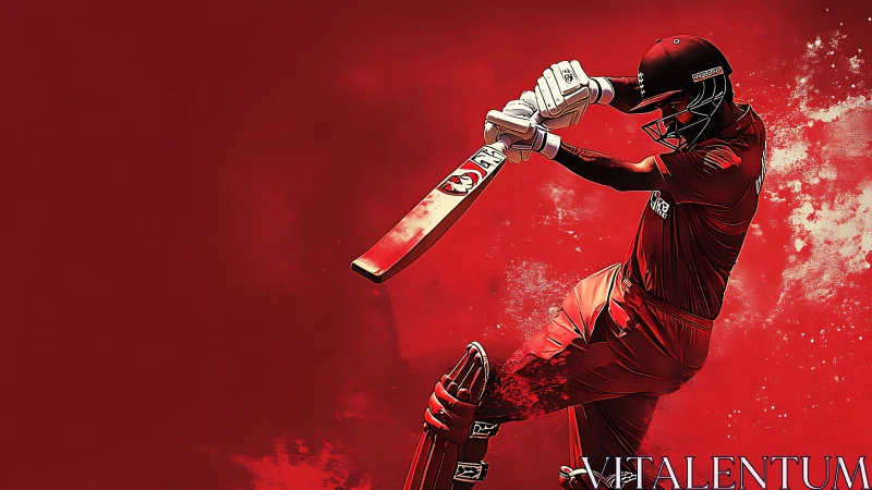 Crimson cricket striker caught mid-swing in blazing motion.