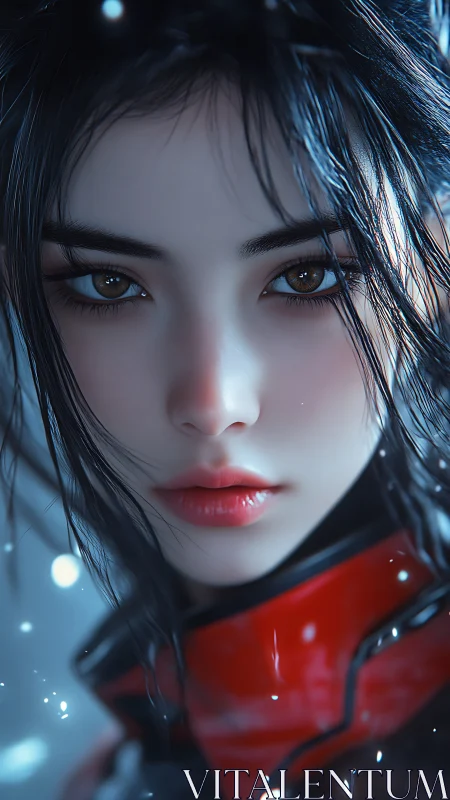 Close digital portrait of woman in red coat with snowfall.