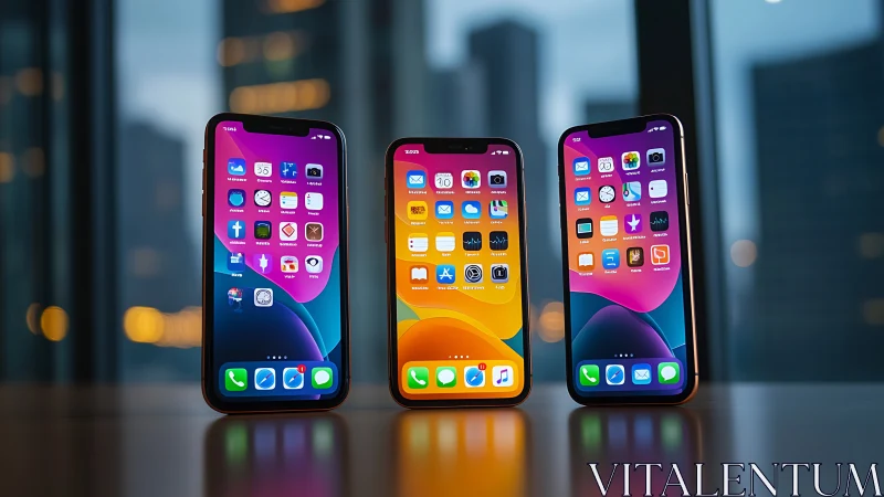 Triple smartphone lineup under city dusk reflections.