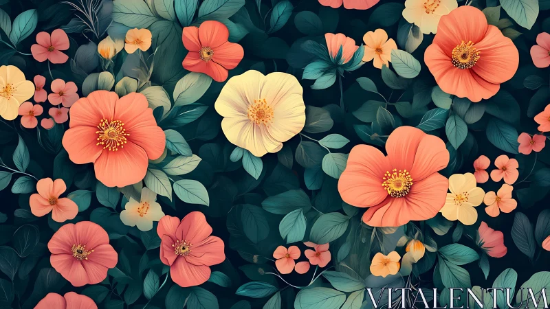 Digital floral composition with layered blooms and teal foliage against dark background