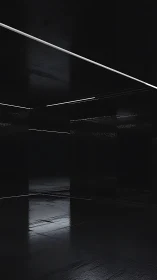 Dark reflective corridor with linear ceiling light strips.