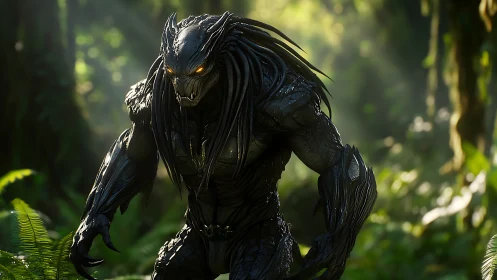 Photorealistic alien predator in lush backlit rainforest setting.