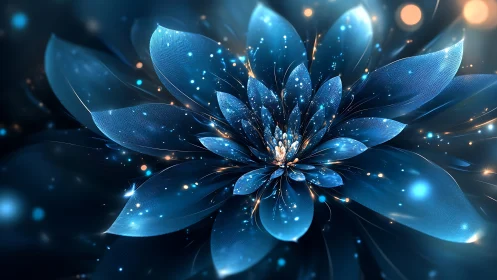 Luminous blue fractal flower blooms in a dreamy cosmic glow