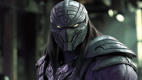 Armored cyber warrior in weathered metallic exosuit portrait.