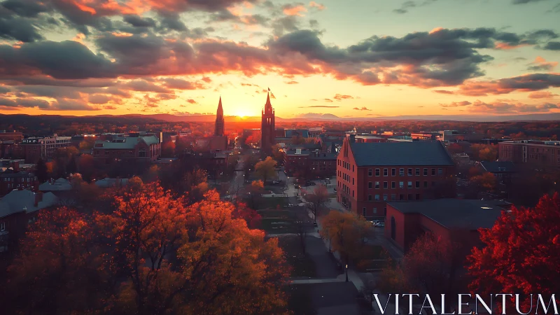 Sunlit collegiate skyline with autumn foliage glow at dusk.