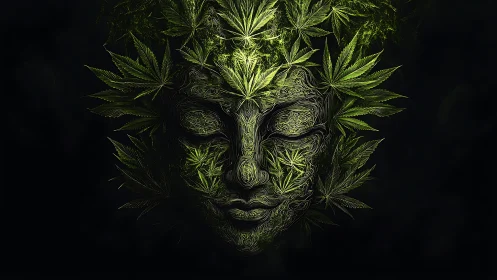 Botanical goddess visage formed from glowing cannabis leaves.