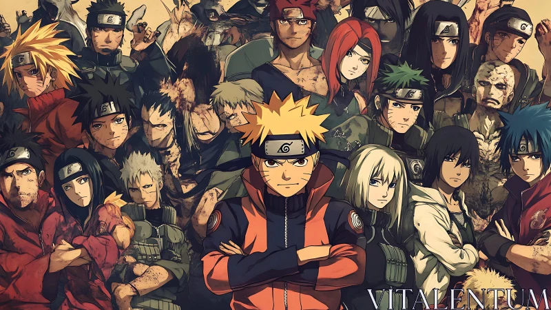 Multicharacter shinobi lineup with layered depth, cel-shaded lighting