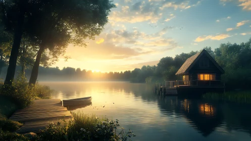Lakeside log cabin at sunrise with dock and small boat.