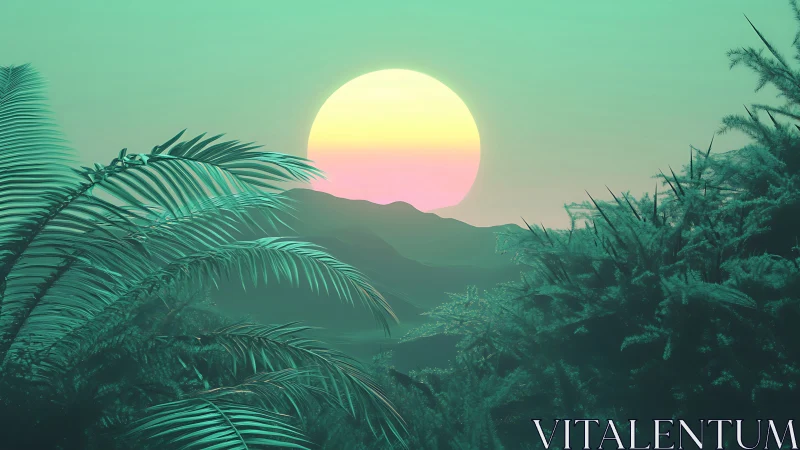 Digital painting of neon-tinted tropical sunset composition.
