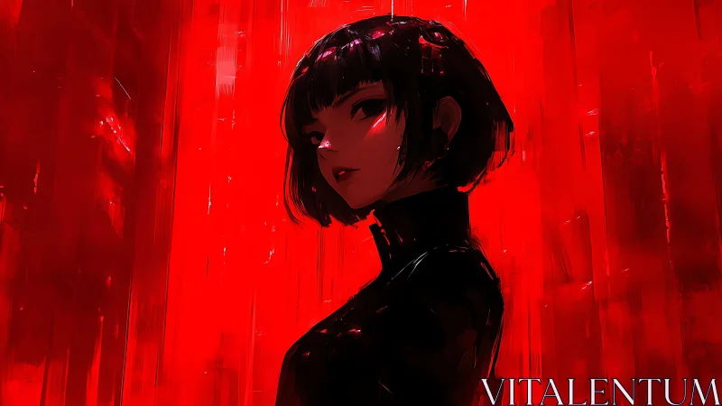 Dark-haired cyber femme in red abstract digital field.