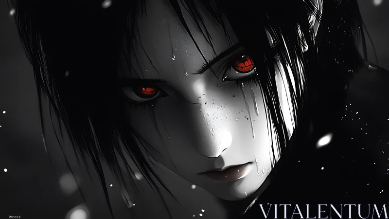 Crimson-eyed anime antihero in rain-soaked monochrome closeup.