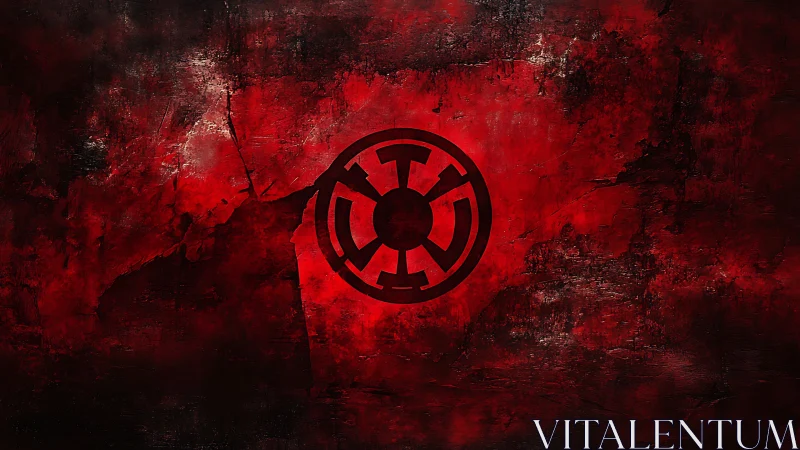 Abstract red sigil over distressed grunge texture field