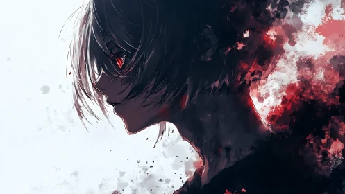 Side profile of red eyed character dissolving into dark mist