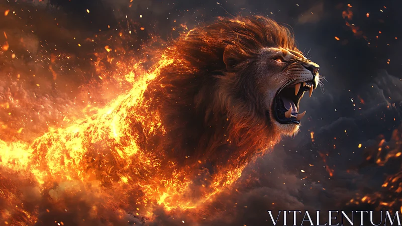 Roaring fire lion erupts through storm-darkened smoke and embers