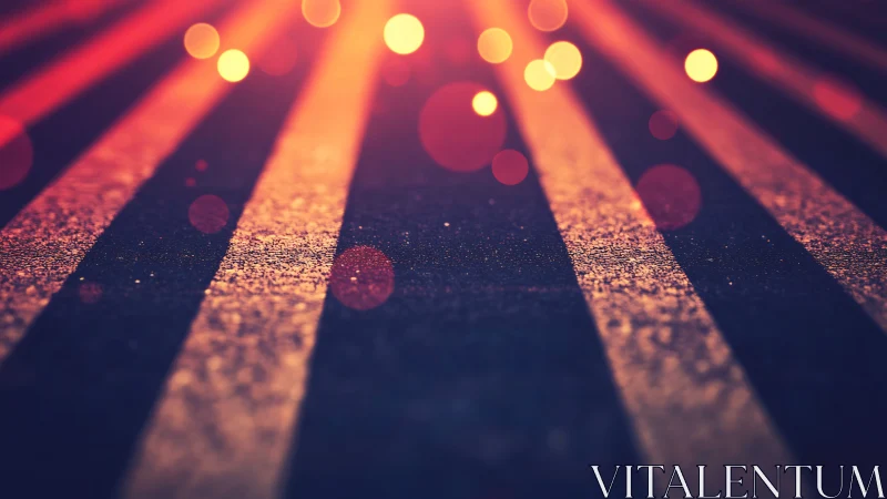 Defocused roadway stripes under warm point light sources.