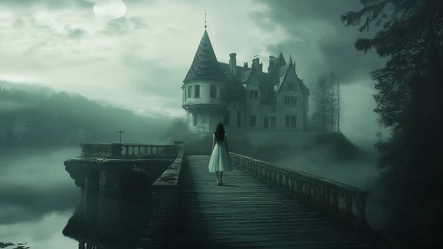 Moonlit bridge leads a lone wanderer toward a misty castle