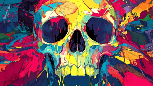 Skull dominates vivid abstract paint explosion background