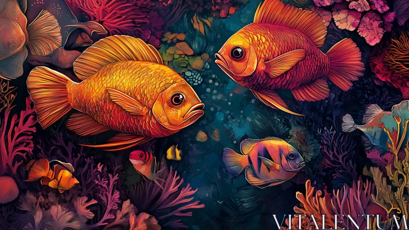 Bright orange fish swim through dense stylized coral reef