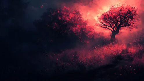 Enchanted crimson tree glows against a deep twilight sky.