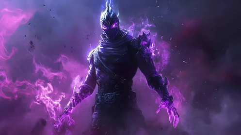 Spectral voidborne warrior in luminous arcane flames.