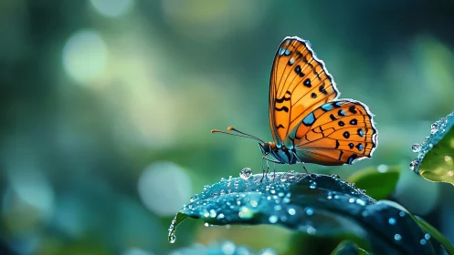 Macro analysis of dew‑covered leaf supporting vivid orange butterfly